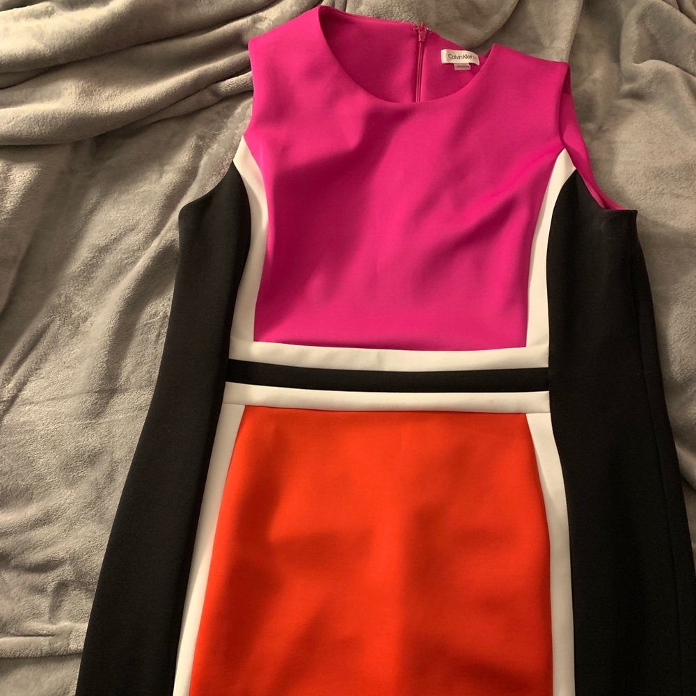 Calvin Klein Colorblock Sheath Dress in Fuchsia, Orange & Black